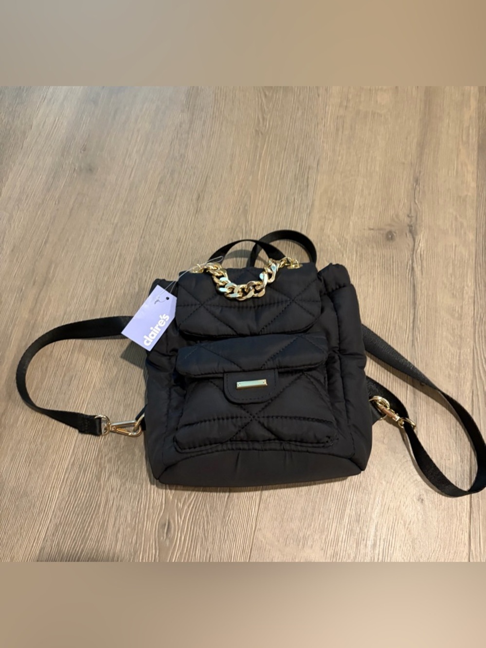 Claire's Black Quilted Backpack with Gold Chain Accent
